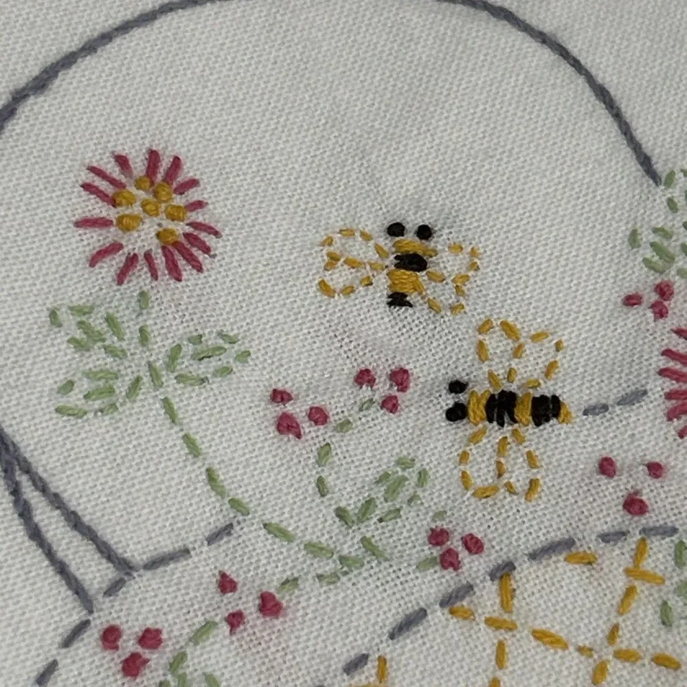 Set of 2 Hand Embroidered Cream Dish Tea Towels Floral Basket Bees